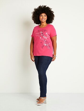 T-shirt long motif fleuri fentes côtés