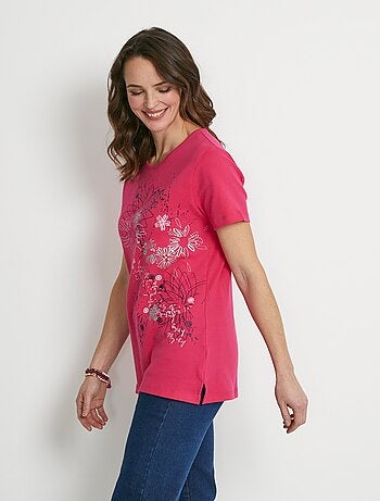 T-shirt long motif fleuri fentes côtés