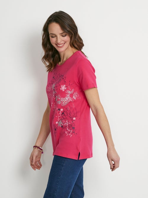 T-shirt long motif fleuri fentes côtés - Kiabi