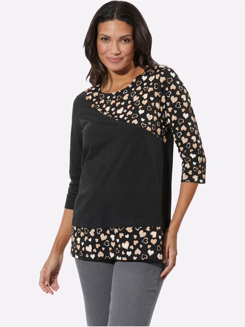 T-shirt Long Pur Coton - Taille Standard - Moda Vilona Noir Beige - Kiabi