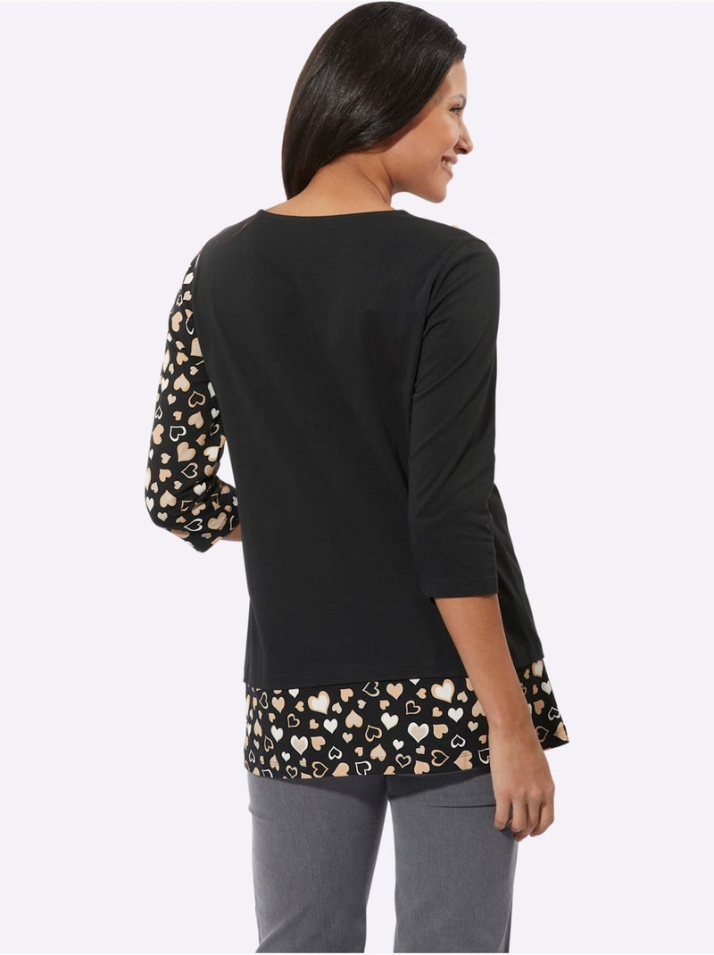 T-shirt Long Pur Coton - Taille Standard - Moda Vilona Noir Beige - Kiabi