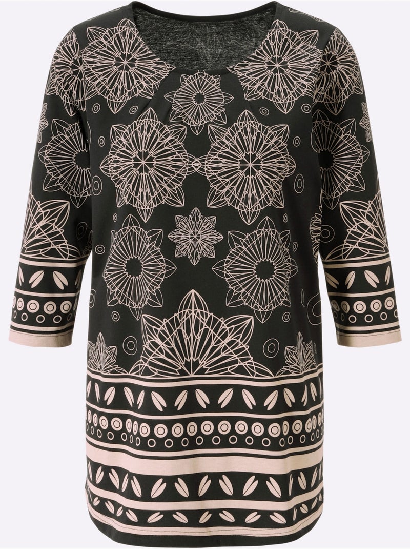 T-shirt Long Pur Coton - Taille Standard - Moda Vilona Noir Beige - Kiabi