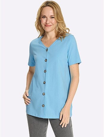 T-shirt long légèrement évasé avec col V et boutons décoratifs - Taille standard - Moda Vilona