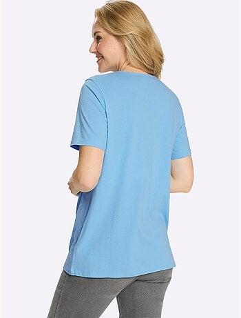 T-shirt long légèrement évasé avec col V et boutons décoratifs - Taille standard - Moda Vilona