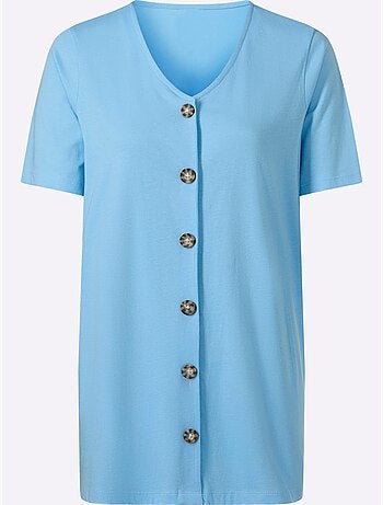 T-shirt long légèrement évasé avec col V et boutons décoratifs - Taille standard - Moda Vilona
