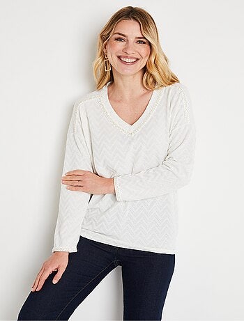 T-shirt long uni col V maille chaude