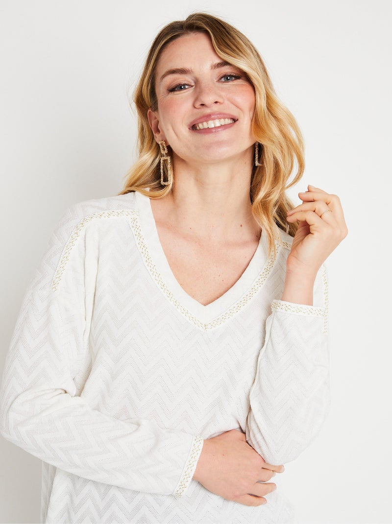 T-shirt long uni col V maille chaude Beige - Kiabi