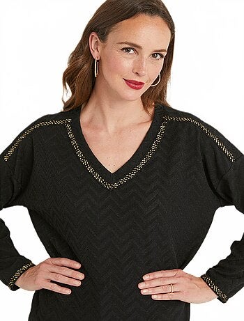 T-shirt long uni col V maille chaude