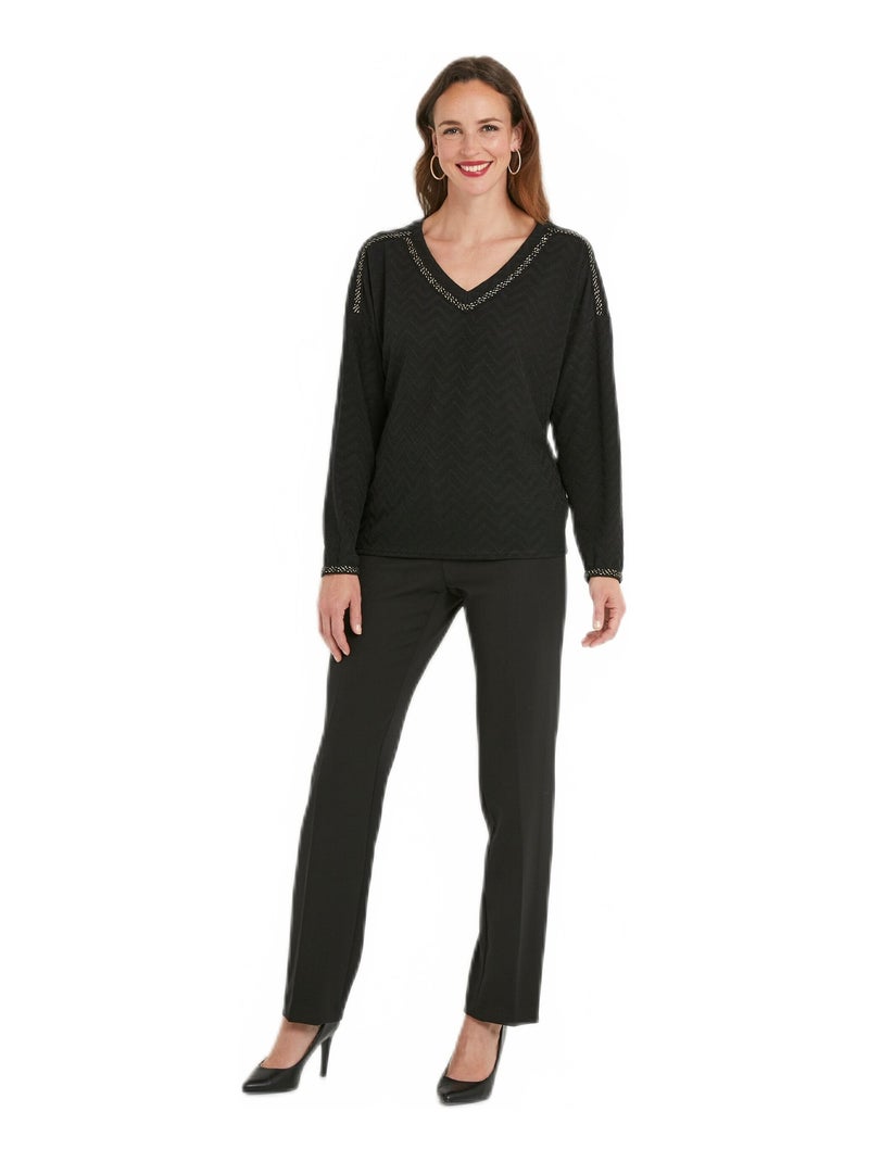 T-shirt long uni col V maille chaude Noir - Kiabi