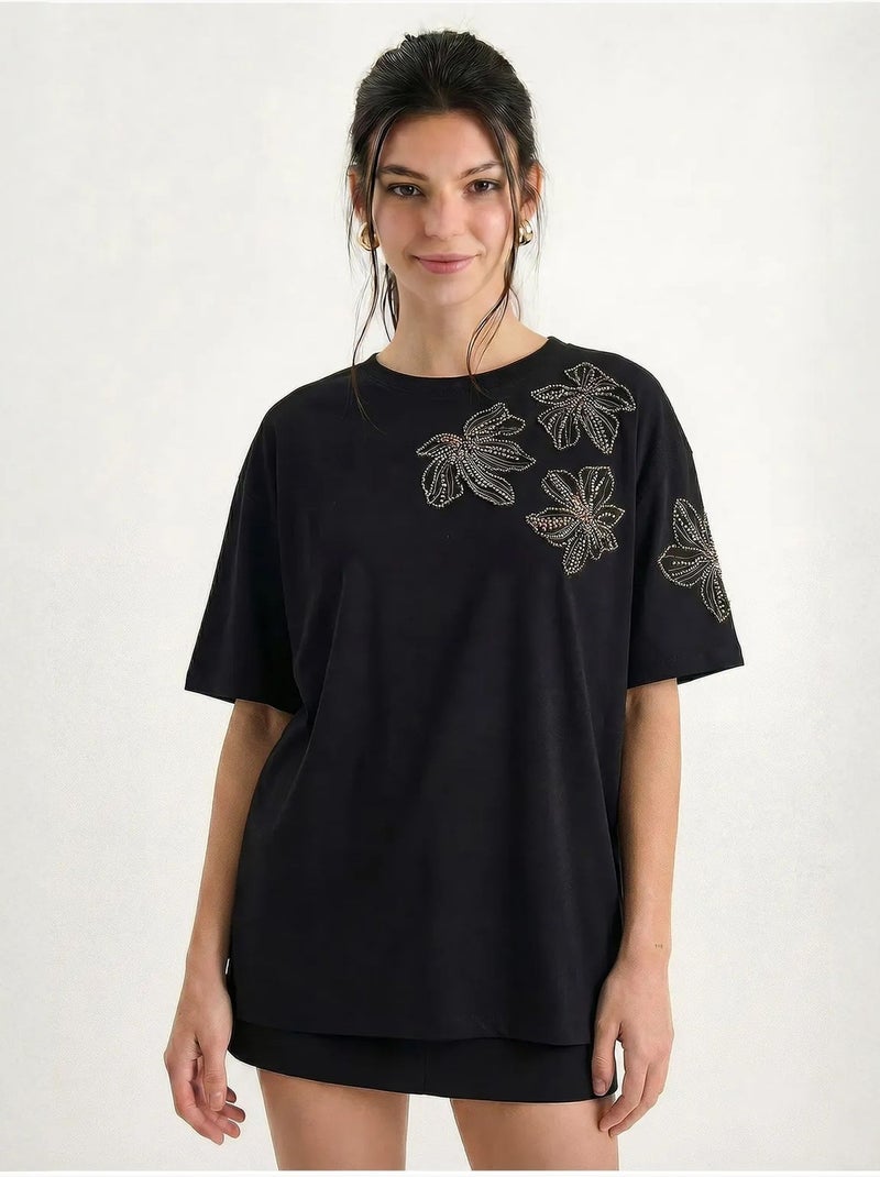 T-shirt lucci à col rond brodé de fleurs Noir - Kiabi
