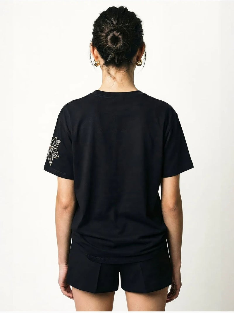T-shirt lucci à col rond brodé de fleurs Noir - Kiabi