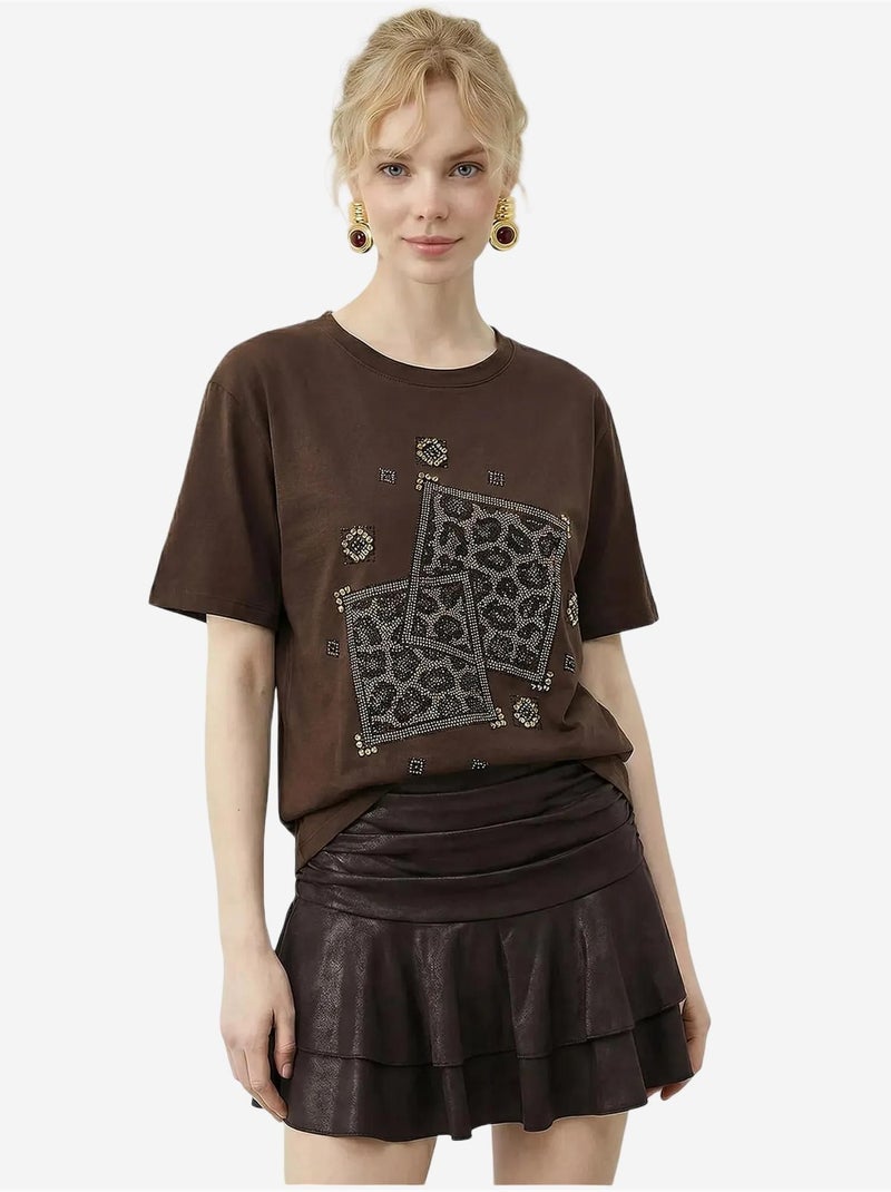 T-shirt lucci à col rond et imprimé géométrique à sequins Marron chocolat - Kiabi
