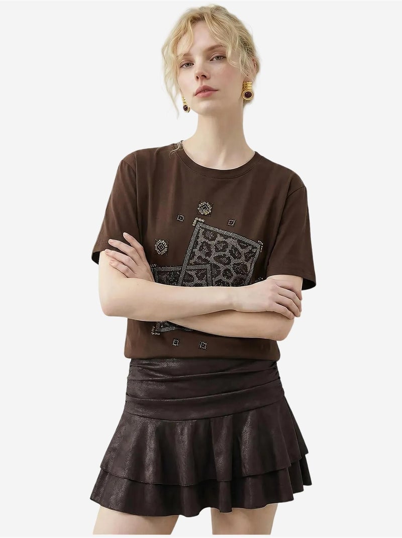T-shirt lucci à col rond et imprimé géométrique à sequins Marron chocolat - Kiabi