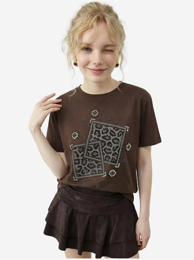 T-shirt lucci à col rond et imprimé géométrique à sequins Marron chocolat - Kiabi