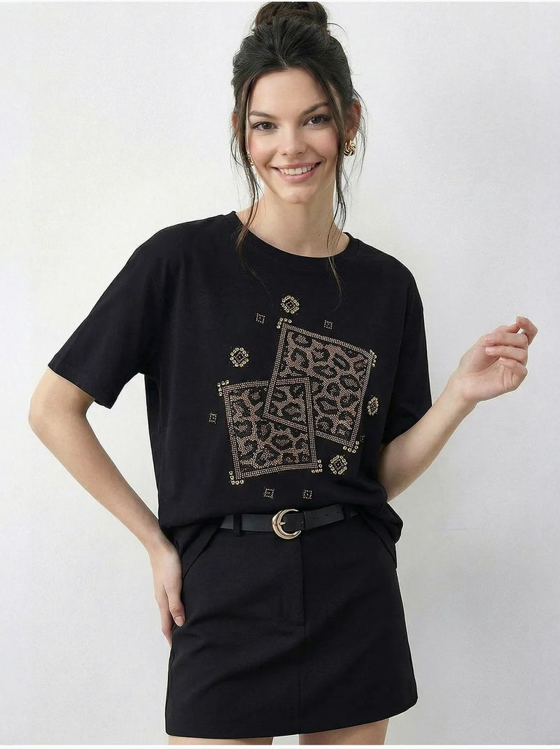 T-shirt lucci à col rond et imprimé géométrique à sequins Noir - Kiabi