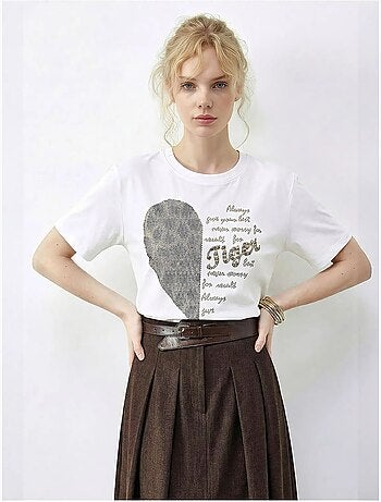 T-shirt lucci à col rond et imprimé texte à sequins