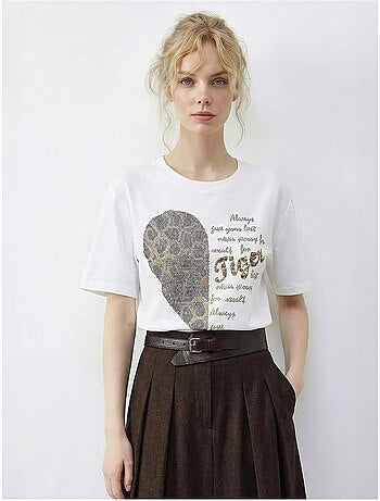 T-shirt lucci à col rond et imprimé texte à sequins