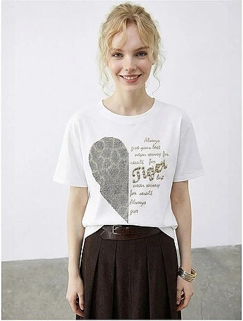 T-shirt lucci à col rond et imprimé texte à sequins