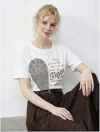 T-shirt lucci à col rond et imprimé texte à sequins