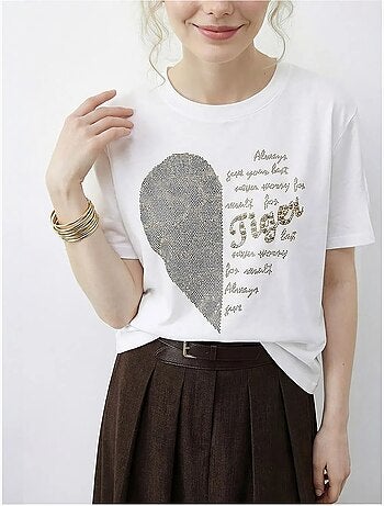 T-shirt lucci à col rond et imprimé texte à sequins