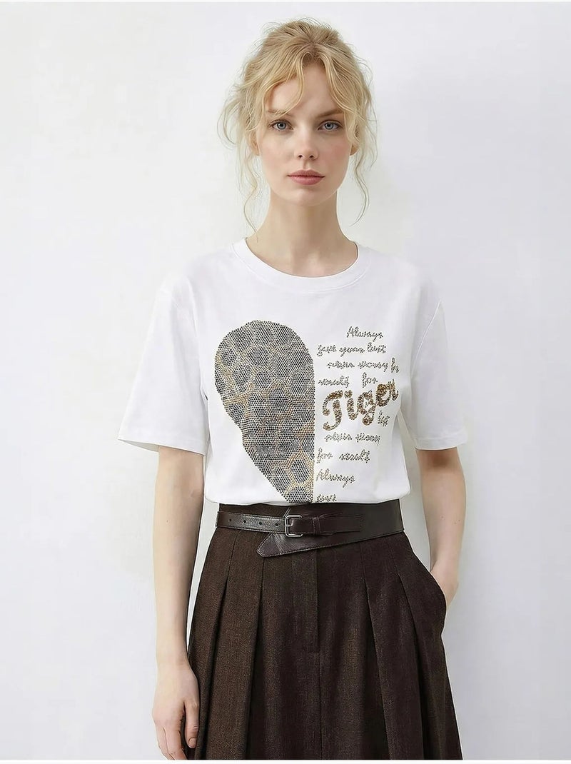 T-shirt lucci à col rond et imprimé texte à sequins Blanc - Kiabi