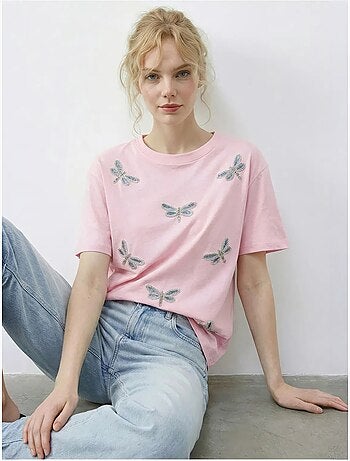 T-shirt brodé à col rond et coupe décontractée lucci