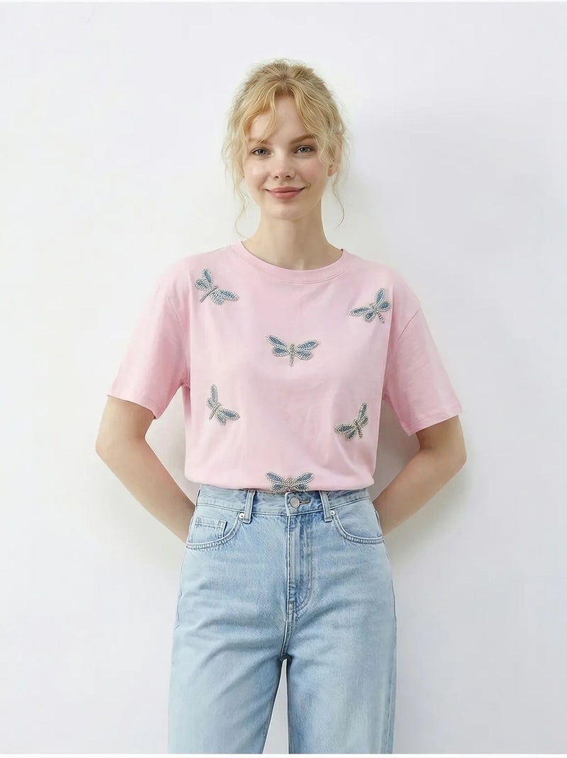T-shirt lucci brodé à col rond et coupe décontractée Rose clair - Kiabi