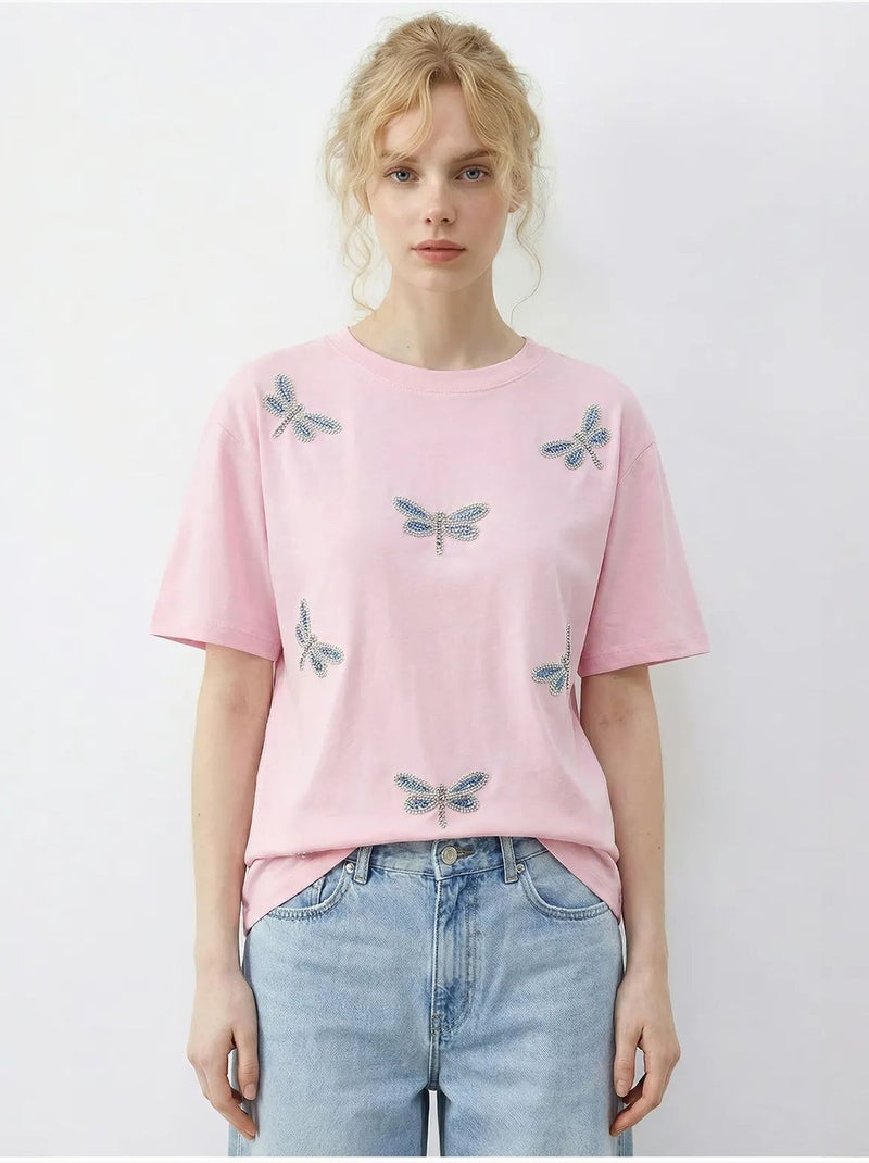 T-shirt lucci brodé à col rond et coupe décontractée Rose clair - Kiabi