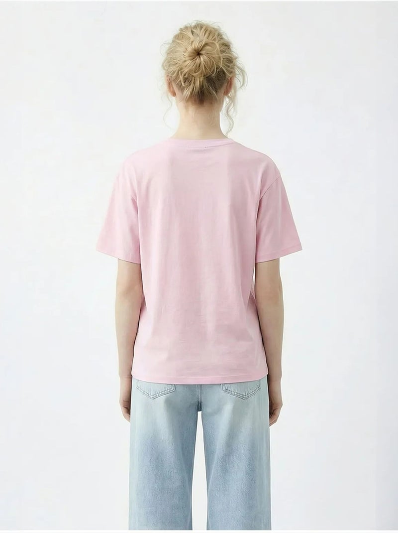 T-shirt lucci brodé à col rond et coupe décontractée Rose clair - Kiabi