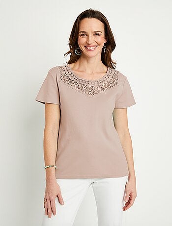 T-shirt macramé coton uni manches courtes