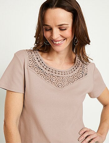 T-shirt macramé coton uni manches courtes