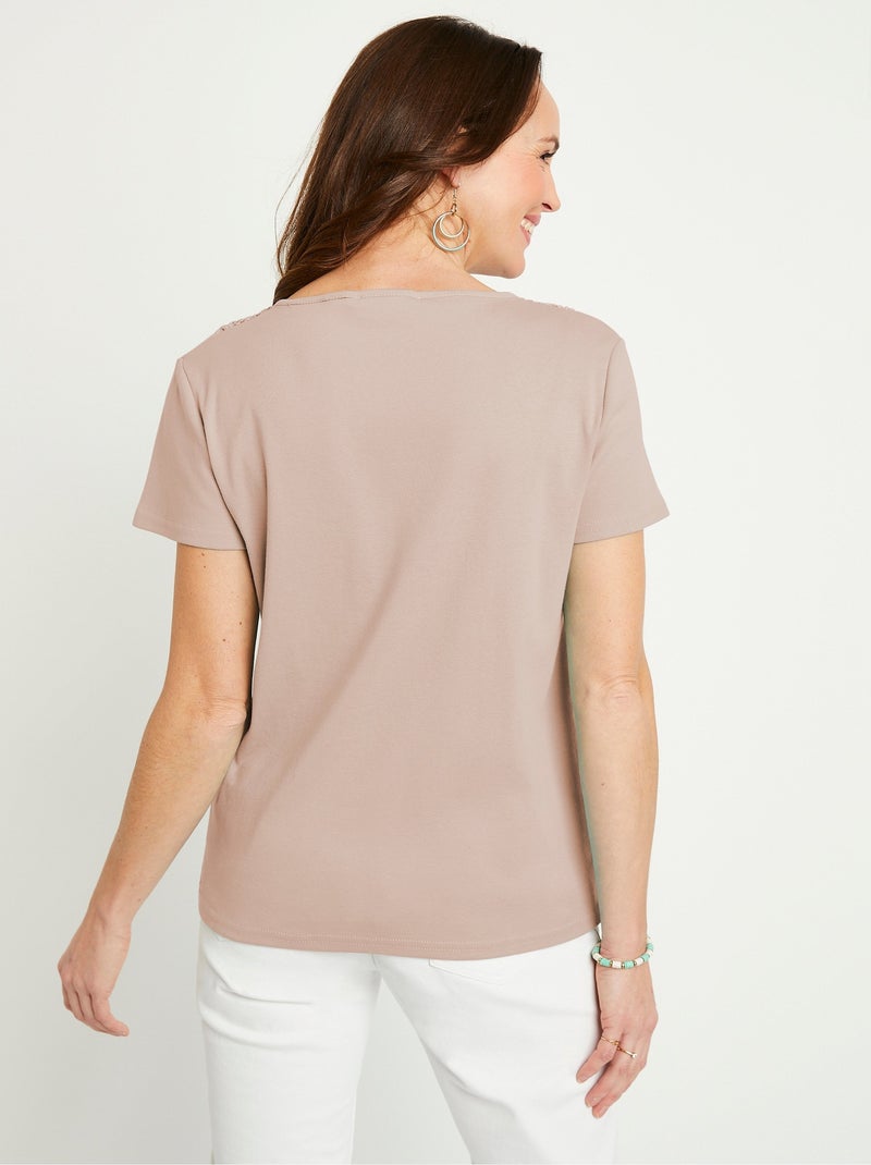 T-shirt macramé coton uni manches courtes Beige - Kiabi