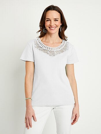 T-shirt macramé coton uni manches courtes