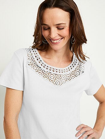 T-shirt macramé coton uni manches courtes