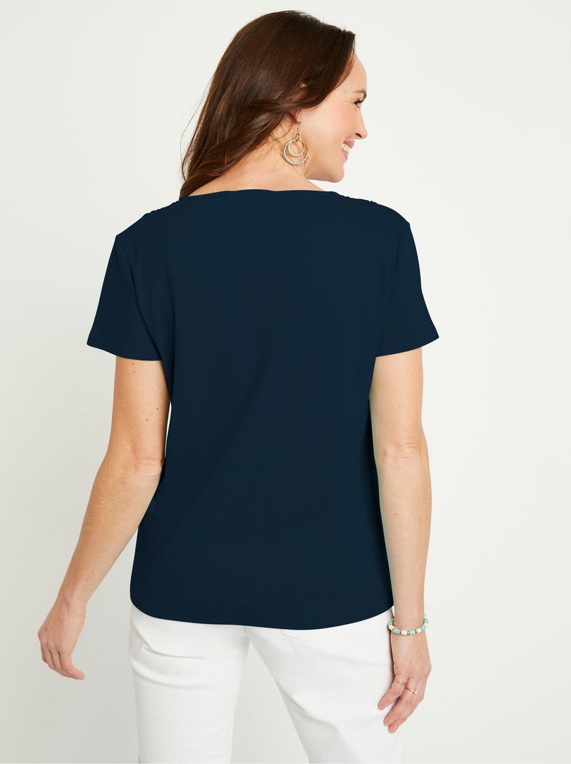 T-shirt macramé coton uni manches courtes Bleu - Kiabi