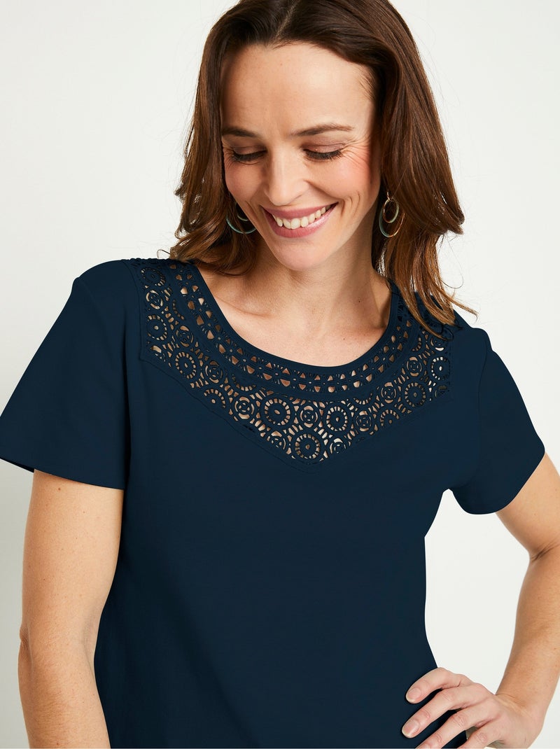 T-shirt macramé coton uni manches courtes Bleu - Kiabi