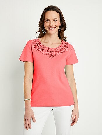 T-shirt macramé coton uni manches courtes