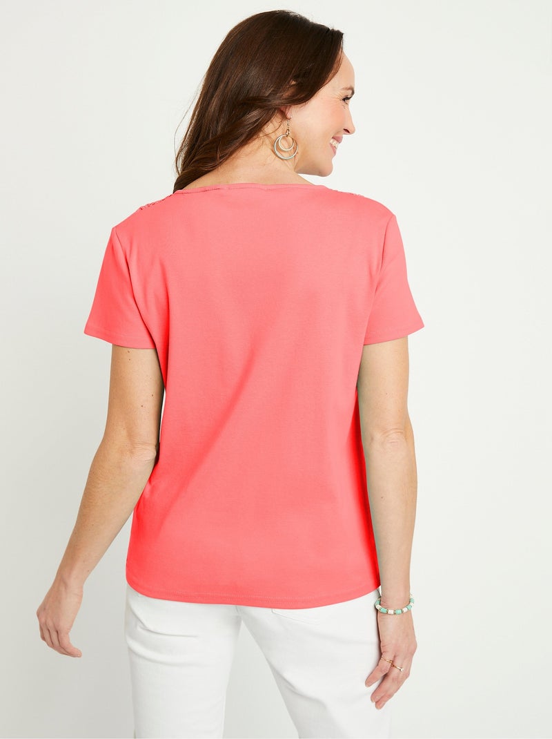 T-shirt macramé coton uni manches courtes Orange corail - Kiabi