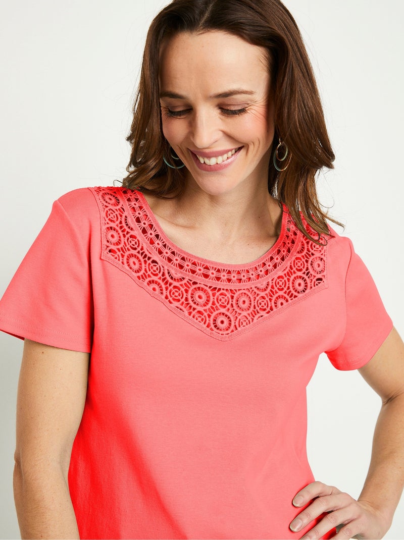 T-shirt macramé coton uni manches courtes Orange corail - Kiabi