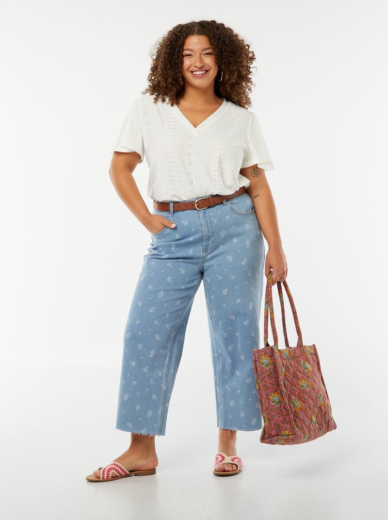 T-shirt maille ajourée avec manches courtes chauve-souris blanc - Kiabi
