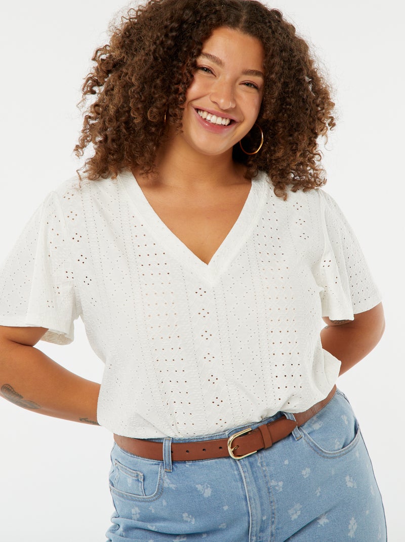 T-shirt maille ajourée avec manches courtes chauve-souris blanc - Kiabi
