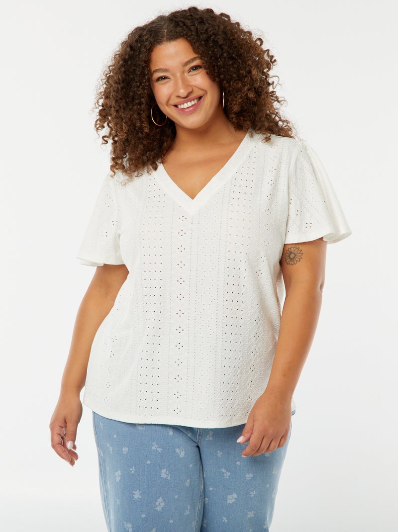 T-shirt maille ajourée avec manches courtes chauve-souris blanc - Kiabi