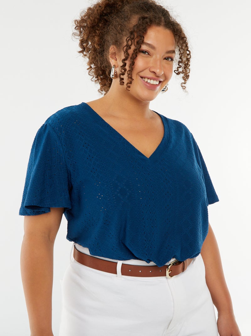 T-shirt maille ajourée avec manches courtes chauve-souris bleu - Kiabi
