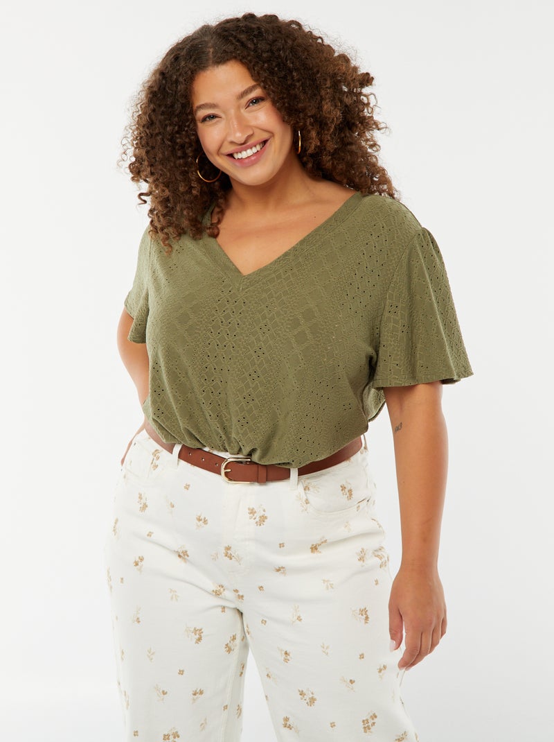 T-shirt maille ajourée avec manches courtes chauve-souris VERT - Kiabi