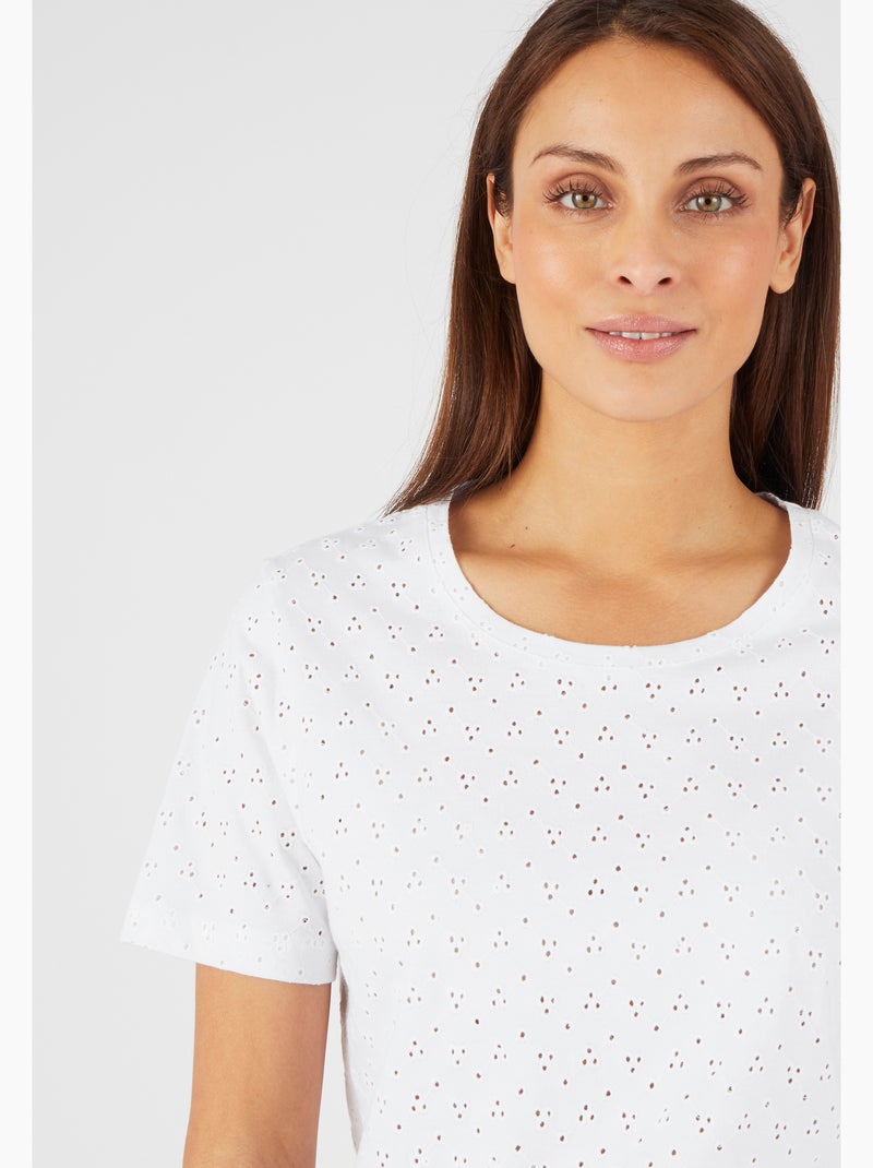 T-shirt maille brodée pur coton - Damart Blanc - Kiabi