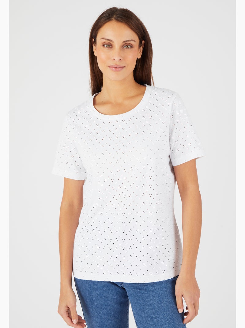 T-shirt maille brodée pur coton - Damart Blanc - Kiabi