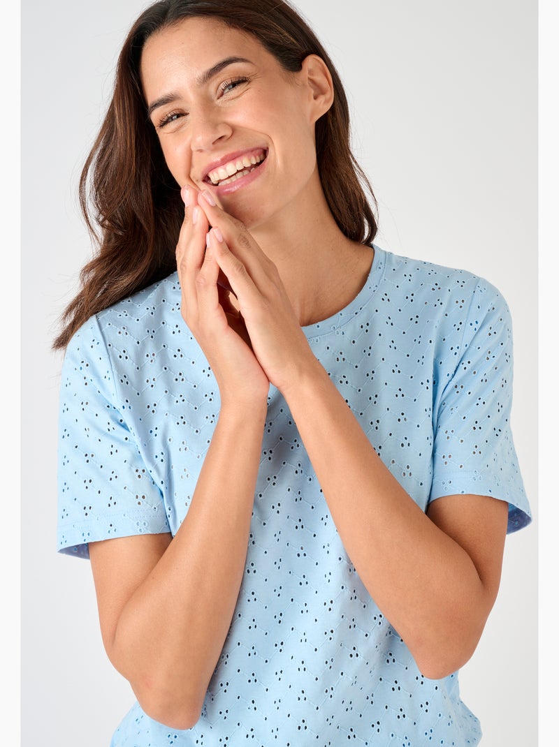 T-shirt maille brodée pur coton - Damart Bleu - Kiabi