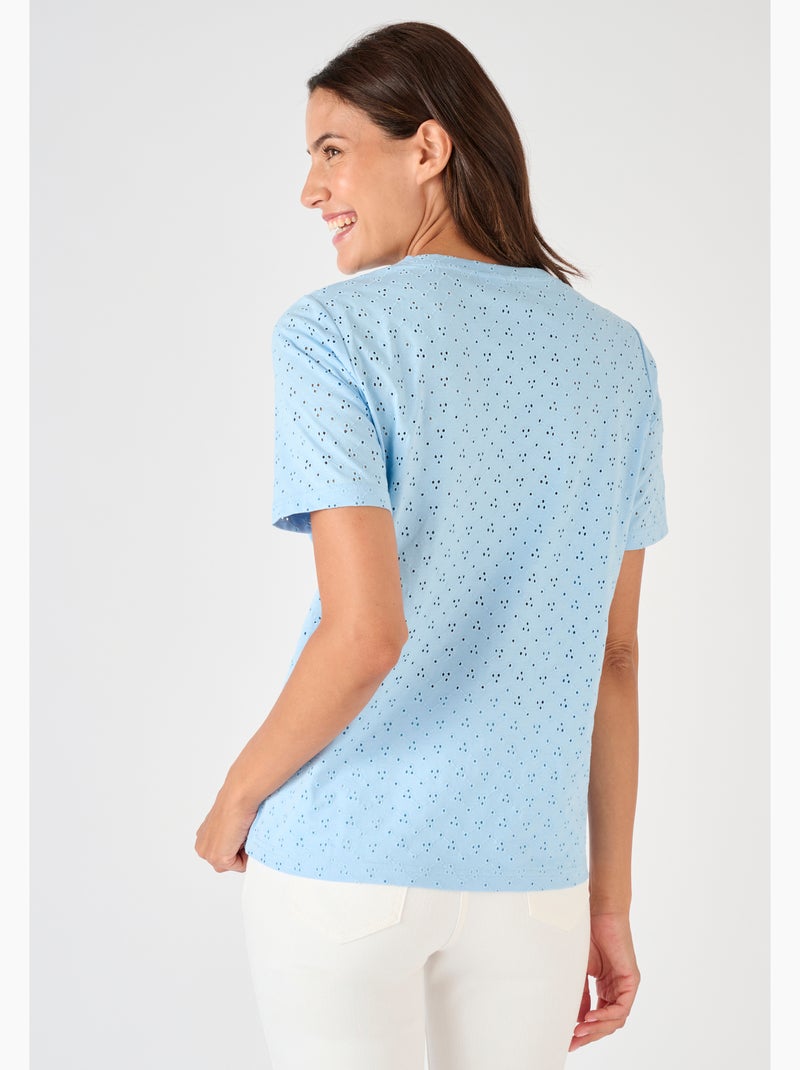 T-shirt maille brodée pur coton - Damart Bleu - Kiabi