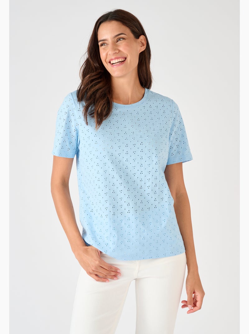 T-shirt maille brodée pur coton - Damart Bleu - Kiabi