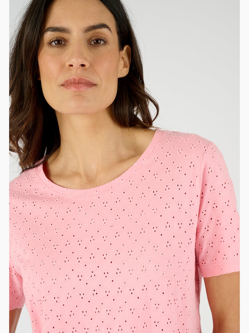 T-shirt maille brodée pur coton - Damart Rose - Kiabi